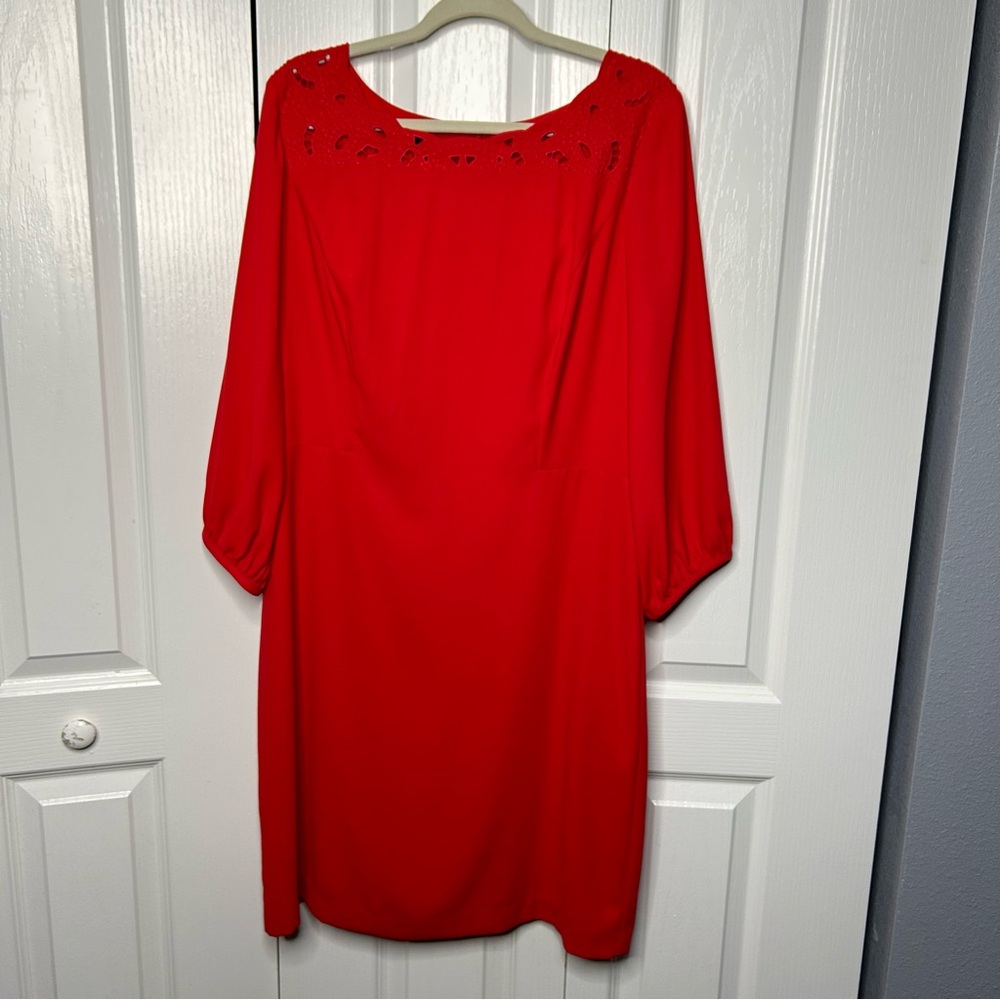 Talbot Women’s Eyelet Trim Red Midi Dress classic long sleeve Knee Size 14 New